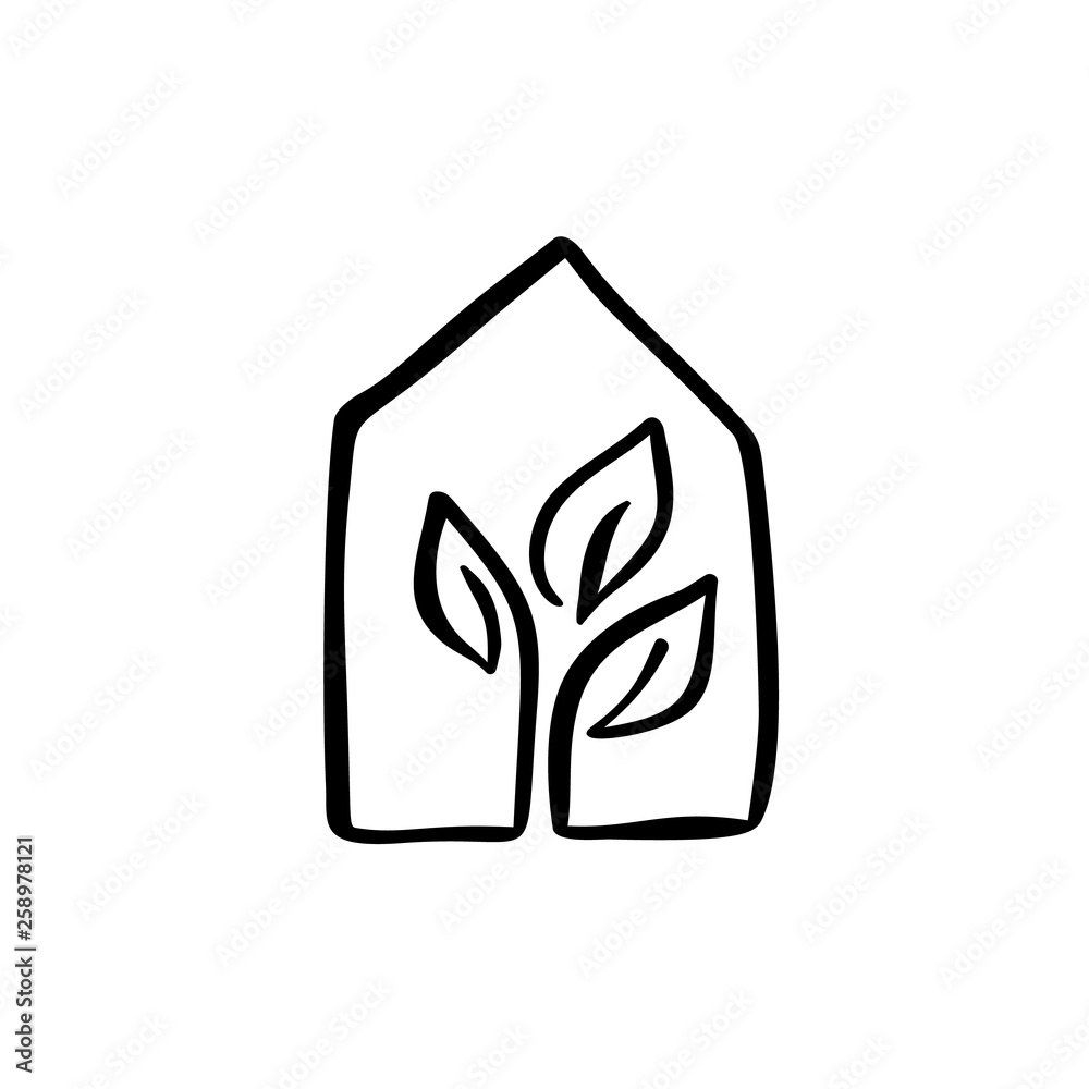 Eco House leaf. Simple Calligraphy nature Vector bio Icon. Estate Architecture Construction for design. Art home vintage hand drawn Logo green garden element Eco House leaf. Simple Calligraphy nature Vector bio Icon. Estate Architecture Construction for design. Art home vintage hand drawn Logo green garden element