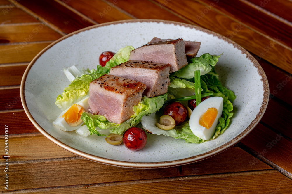 Tuna stake and salad, healthy food 