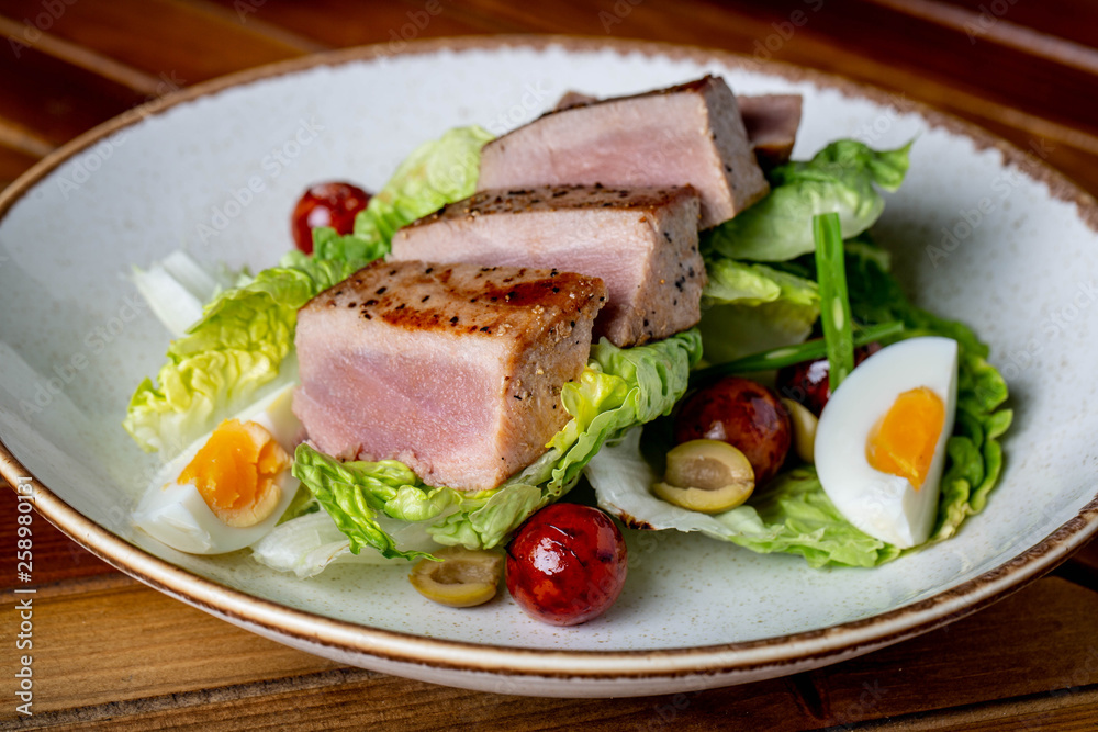 Tuna stake and salad, healthy food 