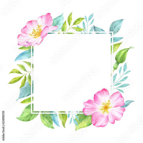 Watercolor floral square frame with wild rose flowers, bud, green leaves and branches