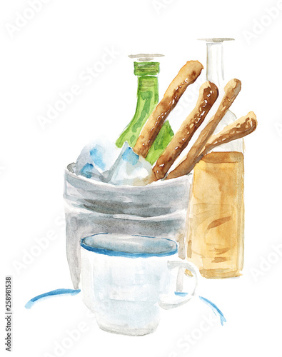 Watercolor hand drawn illustration of composition of the cup on a saucer, grissini, olive oil isolated on white art