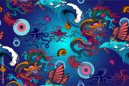 Pattern of asian dragon, octopus and sea voyages. Vector illustration. Suitable for fabric, wrapping paper and the like