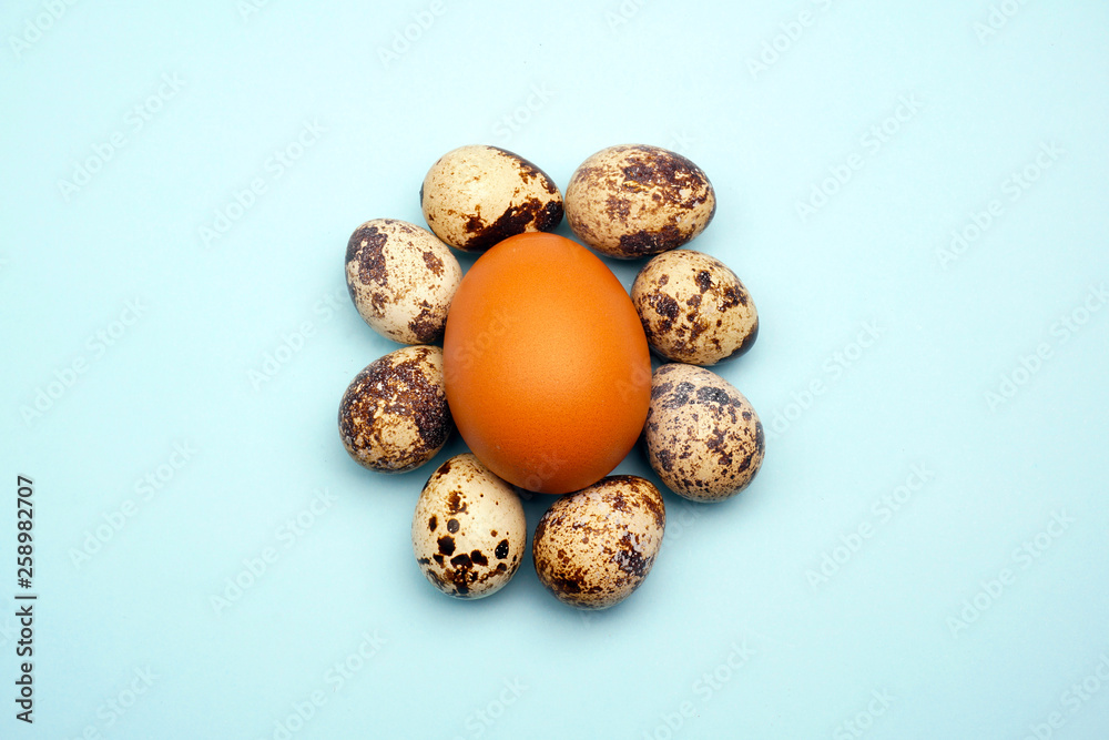 Obraz premium Easter eggs flat lay pattern on pastel background. Minimal concept
