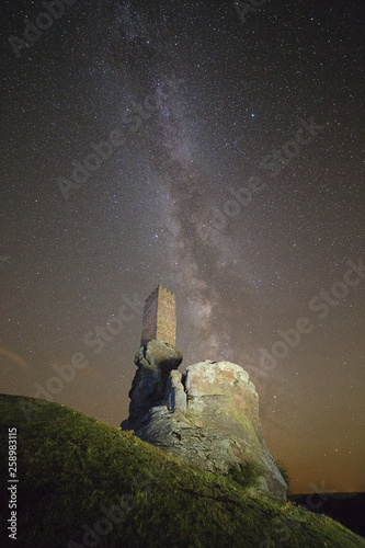 Spain, Guadalajara, Castle of Zafra at night, starry sky