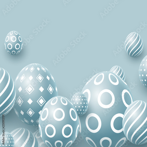 Abstract Easter blue background. Decorative 3d eggs with frame. Vector illustration.