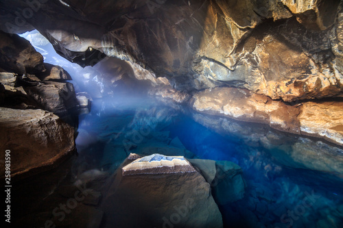 View of Grjotagja cave in northern Iceland, cave with hot springs water, Iceland 