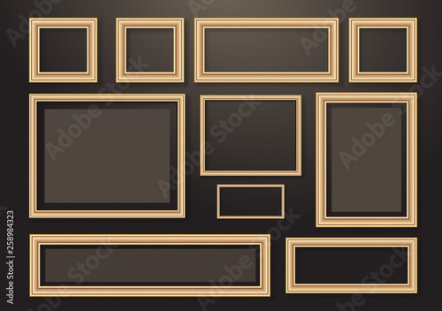 Set of empty hanging decorative photo frames with shadow effects. Different sizes. Dark background.