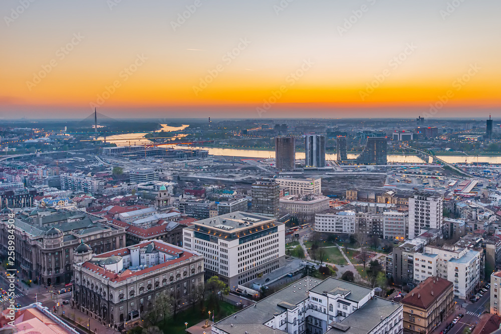 Belgrade, Serbia March 31, 2019: Panorama of Belgrade. Waterfront Belgrade, Sava river and Belgrade bridges. Photographed from the highest building in Belgrade.