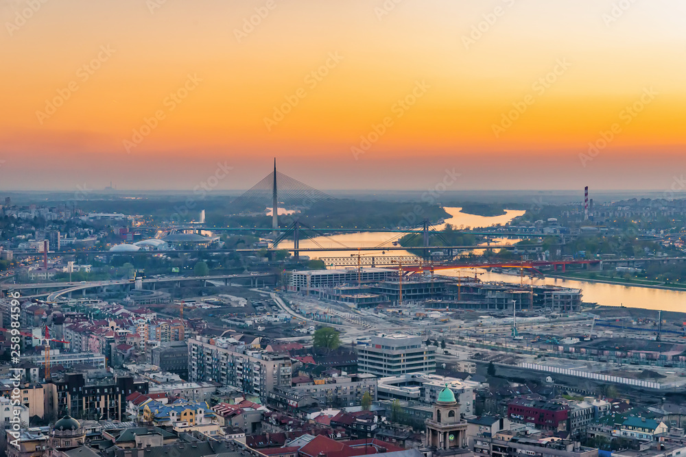 Belgrade, Serbia March 31, 2019: Panorama of Belgrade. Waterfront Belgrade, Sava river and Belgrade bridges. Photographed from the highest building in Belgrade.