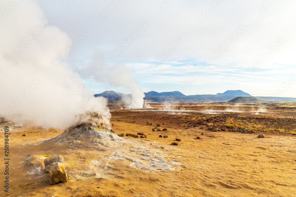 A view of Hverir in Iceland, a place with boiling mud and metan canals, Iceland