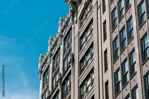 Close view of ornament on the building exterior of 45 East 20th Street in Flatiron neighborhood in New York City