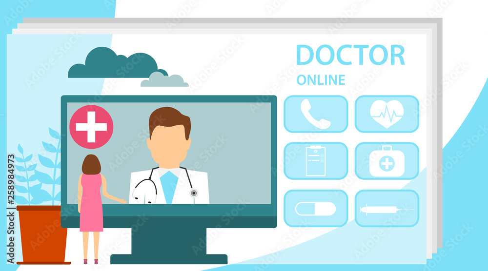 Doctor online concept with character. Online doctor, internet computer health service, medical consultation vector concept. Online doctor medical consultation concept. Doctor online concept with character. Online doctor, internet computer health service, medical consultation vector concept. Online doctor medical consultation concept.