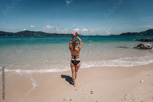 Girl at the sea. Attractive brunette in black bikini on the beach, rear view