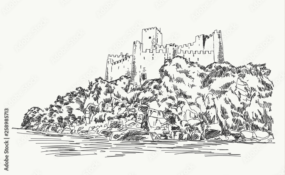 Almorol Castle, portugal vector hand drawing