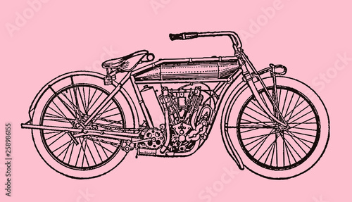 Antique motorcycle in side view, after engraving from the early 20th century