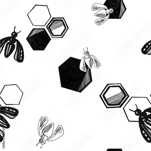 seamless pattern. abstract white background, stylized bees and honeycombs