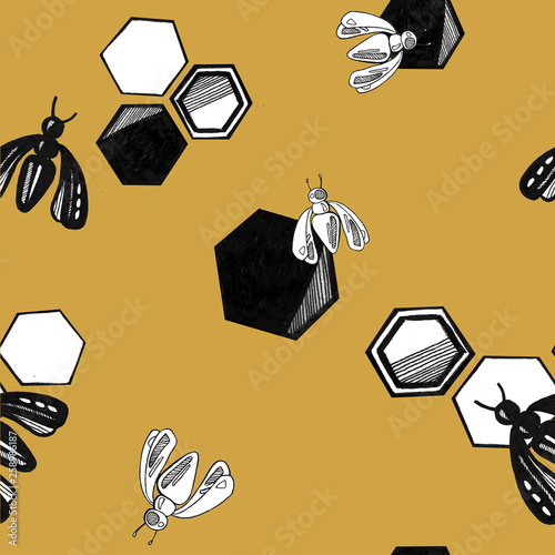  seamless pattern. abstract orange background, stylized bees and honeycombs