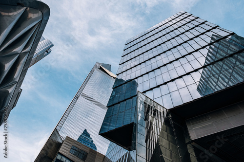 Looking up view of skyscraper of Hudson Yards in midtown New York City