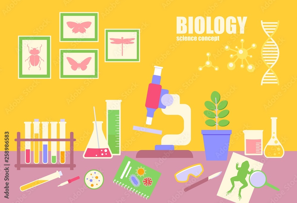 Biology education concept. Biology laboratory. Scientific research. Vector illustration .