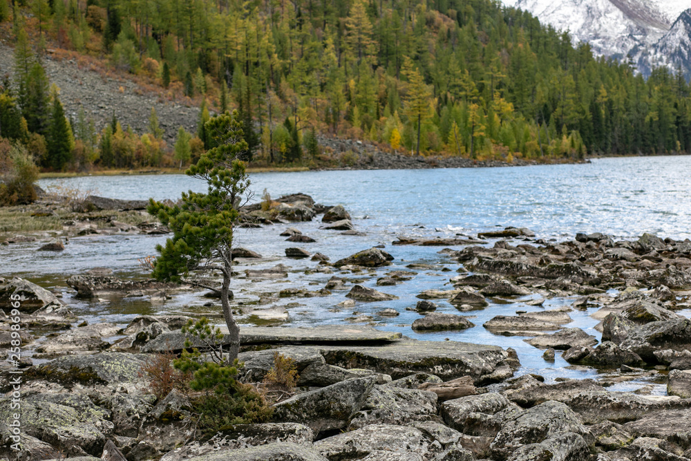 Stony river bank. mountain landscape background Stony river bank. mountain landscape background