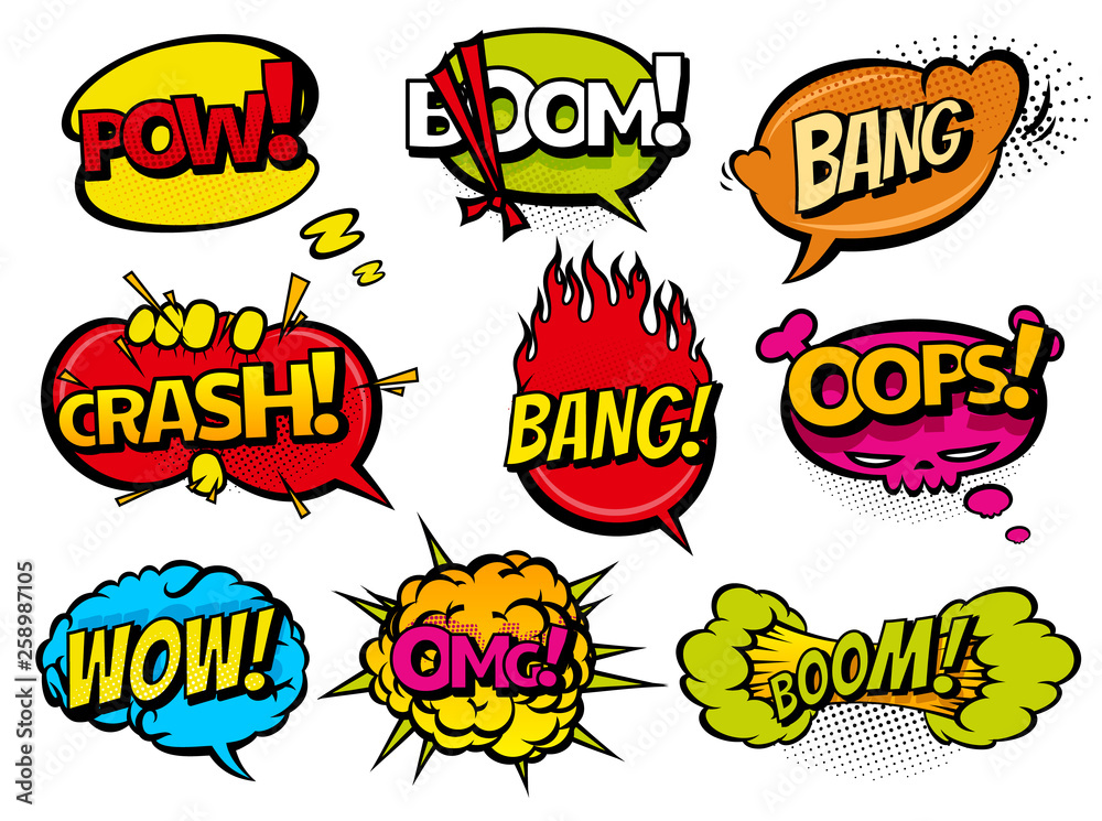 Comic book sound effect speech bubbles, expressions. Collection vector bubble icon speech phrase, cartoon exclusive font label tag expression, sounds illustration background. Comics book balloon Comic book sound effect speech bubbles, expressions. Collection vector bubble icon speech phrase, cartoon exclusive font label tag expression, sounds illustration background. Comics book balloon