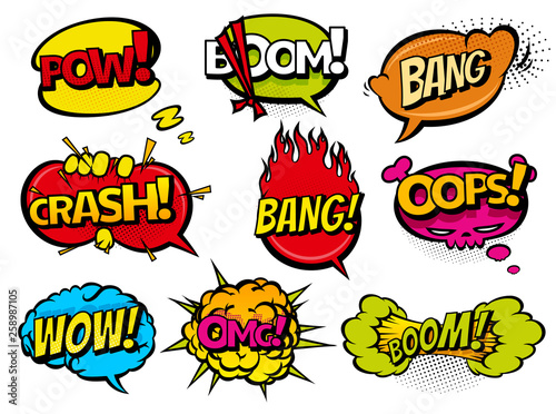 Comic book sound effect speech bubbles, expressions. Collection vector bubble icon speech phrase, cartoon exclusive font label tag expression, sounds illustration background. Comics book balloon