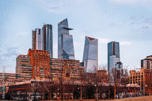 Sunset view of Hudson Yards skyline from Pier 64 in Chelsea New York City