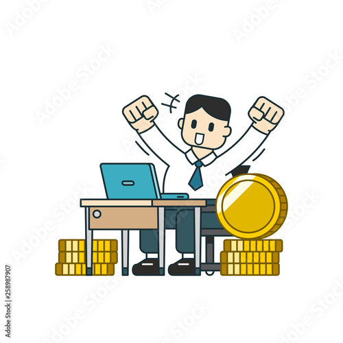 Cartoon business concept a businessman with big coin stack for design.