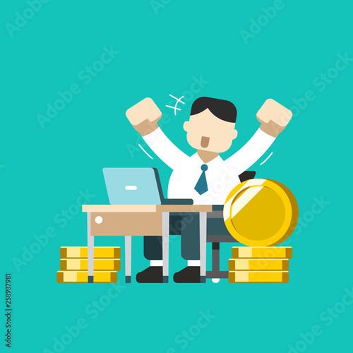 Vector cartoon business concept a businessman with big coin stack for design.