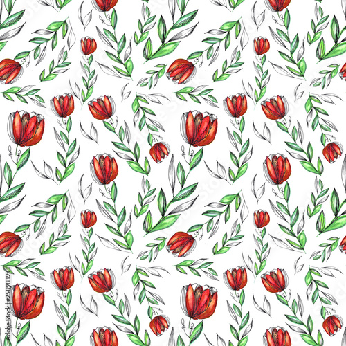 Watercolor seamless floral pattern on white background. Hand drawn illustration
