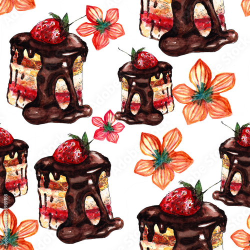 Watercolor seamless pattern with chocolate cake and strawberries with floral elements
