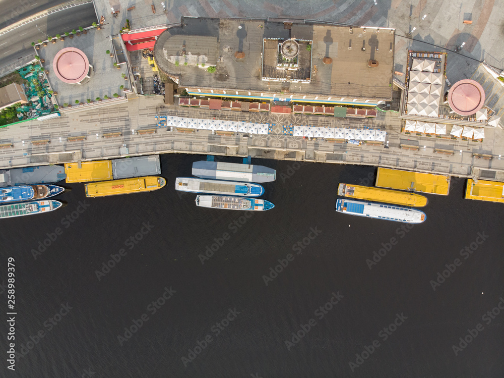 aerial view of river bay with ships. public place