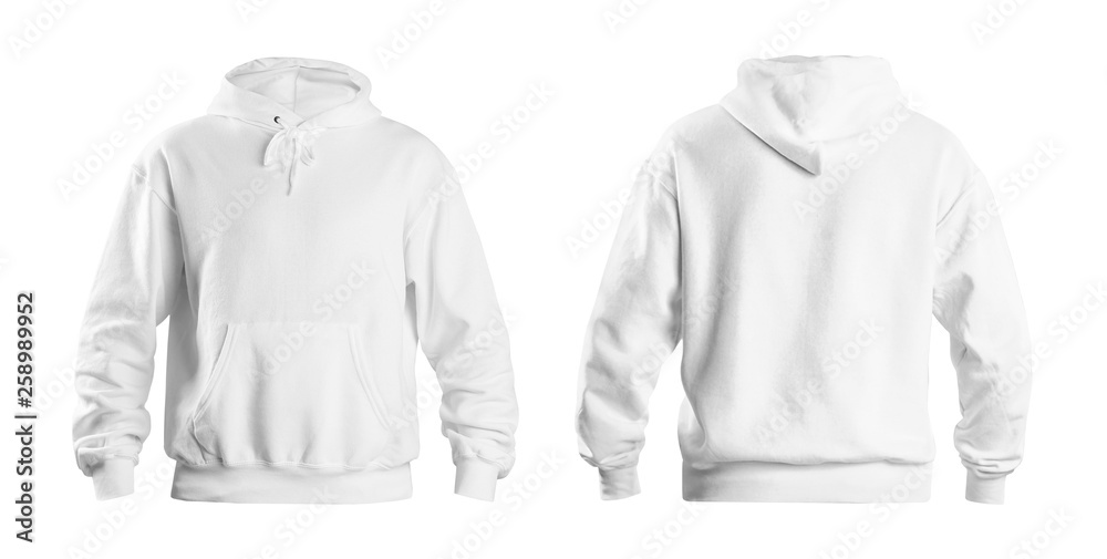 Set of stylish hoodie sweater on white background, front and back view ...