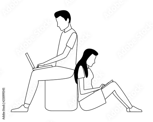 Coworkers teamwork cartoon in black and white