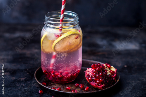 Fruit infused water with lemon slices, crushed pomegranate seeds and sparkling water