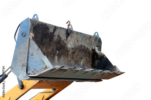 raised up big yellow hydraulic excavator bucket isolated on white background closeup