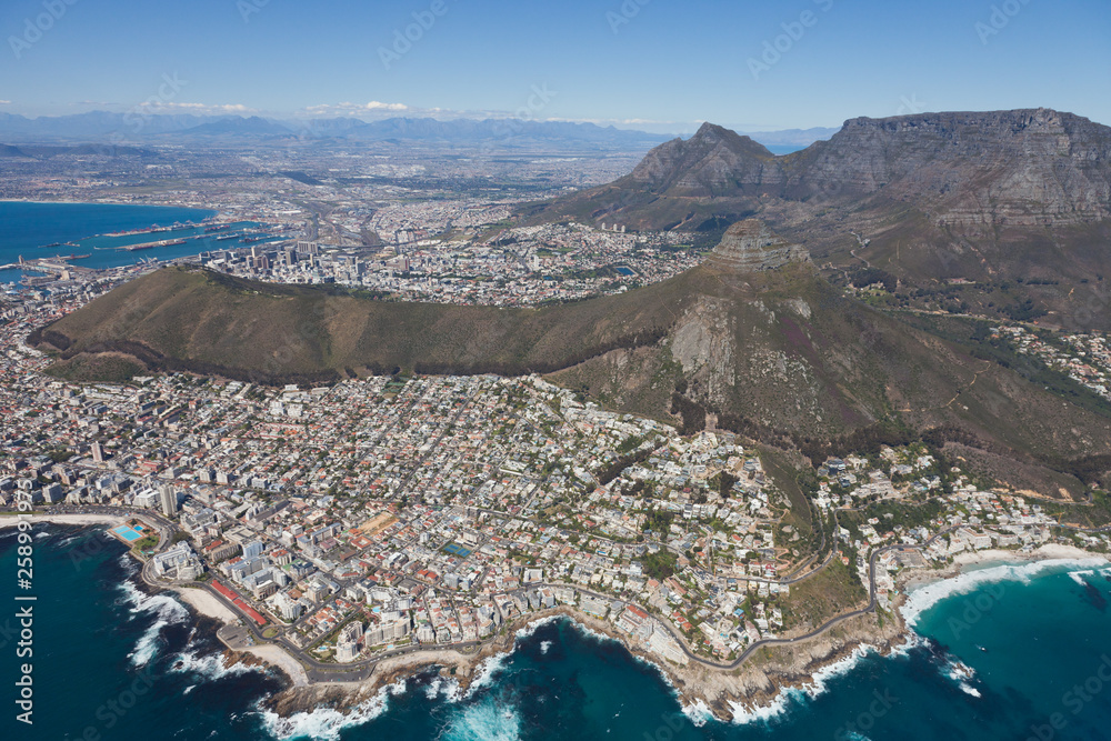 Fototapeta premium Aerial view of Cape town South Africa from a helicopter. Panorama Cape Town South Africa from birds eye view on a sunny day