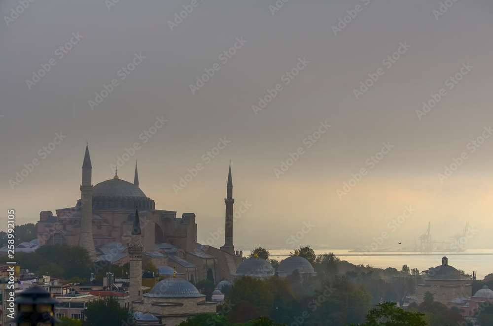 Naklejka premium Hagia Sophia and the Bosphorus in the early summer morning mist.