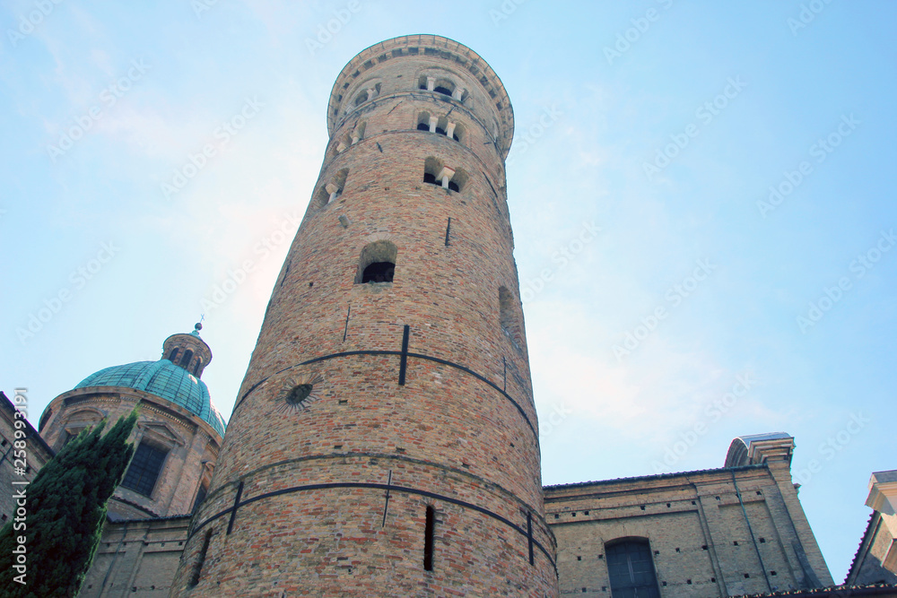 old beautiful medieval ancient round italian red brick bell tower in Ravenna the view from the bottom up