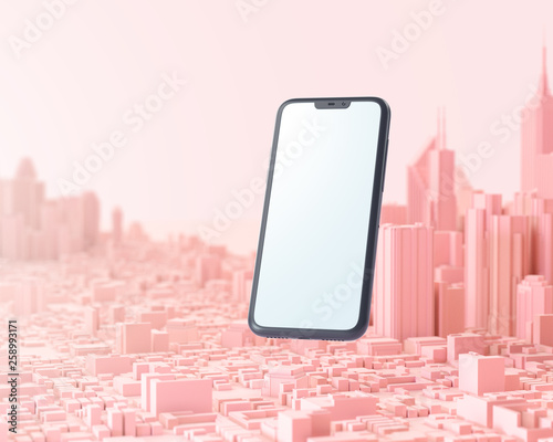 Smartphone floating over minimalist city 3D Illustration