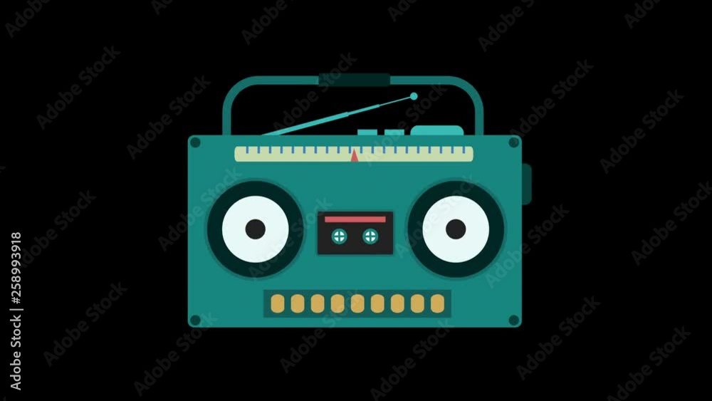 Colorful animation of stero box seamless loop with glitch and tv bad signal effect. Music, Song, Dance Theme. cartoon music background . Vintage boombox isolated on black background. Colorful animation of stero box seamless loop with glitch and tv bad signal effect. Music, Song, Dance Theme. cartoon music background . Vintage boombox isolated on black background.