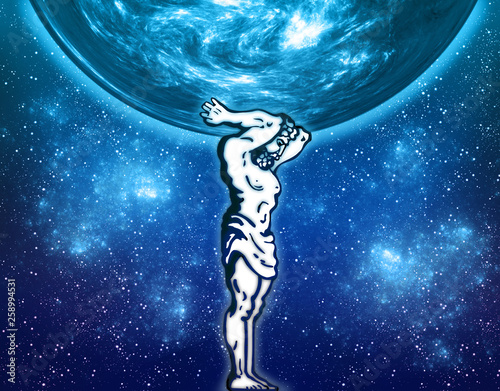 Human figure of a man Atlas and a globe on cosmos space. Mythological antique athlete Hero keeps the sphere (planet Earth) fantastic night sky and stars - creative concept illustration