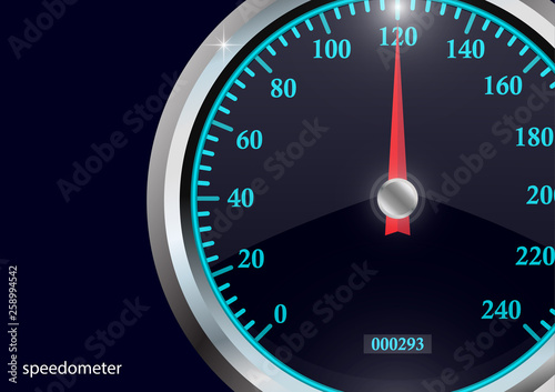Speedometer. Round black caliber with chrome frame. Bright neon speed indicators. Vector 3d illustration for your design.