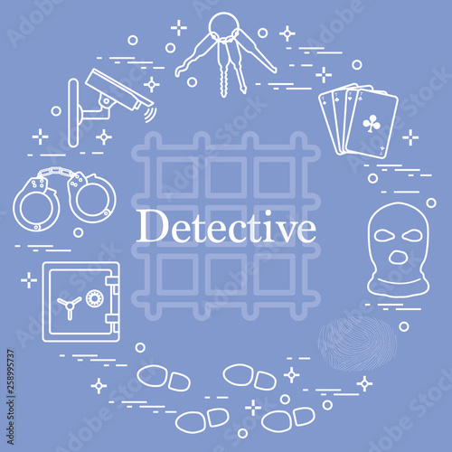 Criminal and detective elements. Crime, law and justice vector icons.