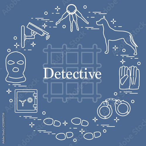 Criminal and detective elements. Crime, law and justice vector icons.