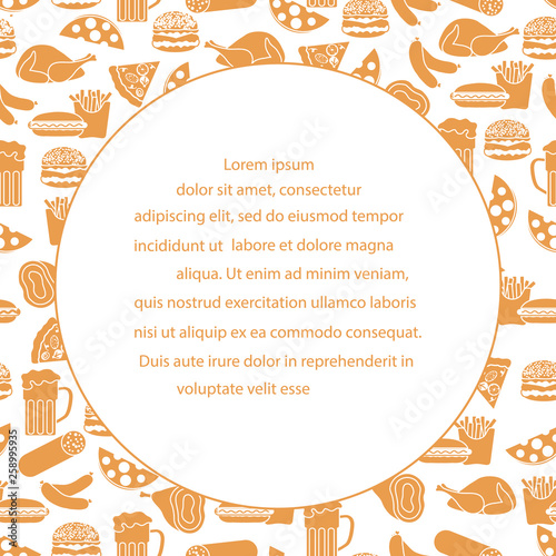 Beer, different types of food and fast food.