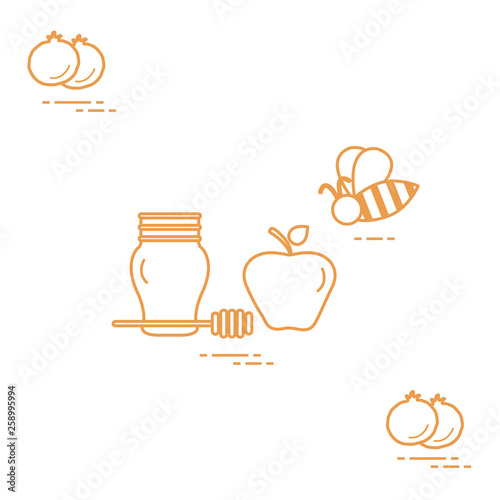 Apple in honey in Rosh Hashanah, pomegranate, bee. Traditional Jewish food and symbols. photo