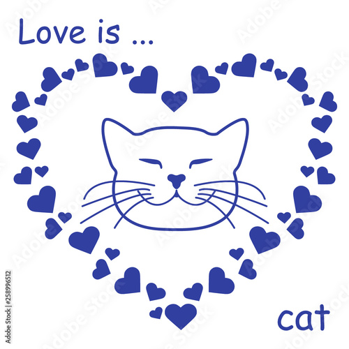 many hearts and cute cat. Valentine's Day