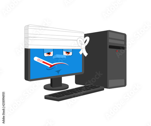 Computer Sick With thermometer isolated. ill PC Cartoon Style. data processor  bandaged Vector