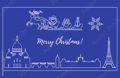 Santa Claus in sleigh with deers flying over Paris